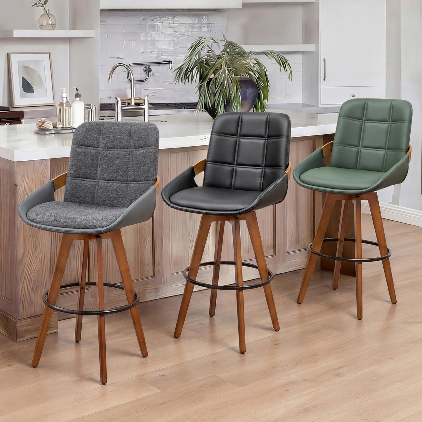 Mid Century Modern Swivel Bar Stools Set of 2, 29” Bar Height, Upholstered Faux Leather Seat with Curved Bentwood Back & Arms, Solid Bamboo Legs with Walnut Finish, Kitchen Island Bar Chairs, Beige