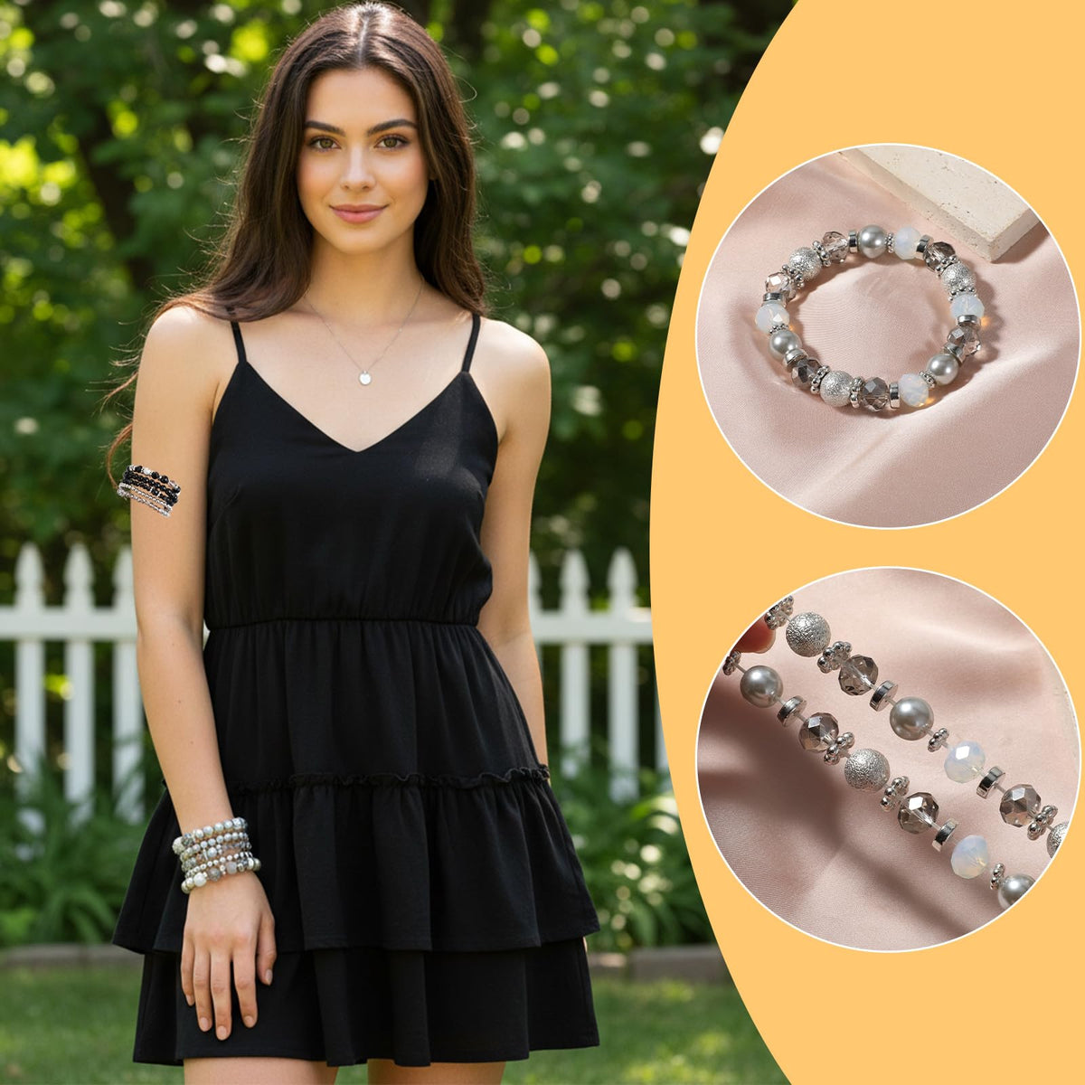 Heclia Beaded Stretch Bracelets Silver Stackable Crystal Beads Bracelets 5PCS Beaded Boho Stretch Bracelet Layering Crystal Stone Bead Bracelet Trendy Costume Jewelry Gifts for Women