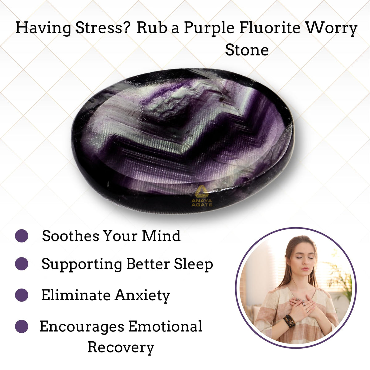 Anaya Agate Fluorite Worry Stones Certified Crystal Thumb Worry Stone for Anguish, Relaxing and Soothing Balance Stones for Meditation, Stress Relief Crystals and Healing Stones for Men, Women