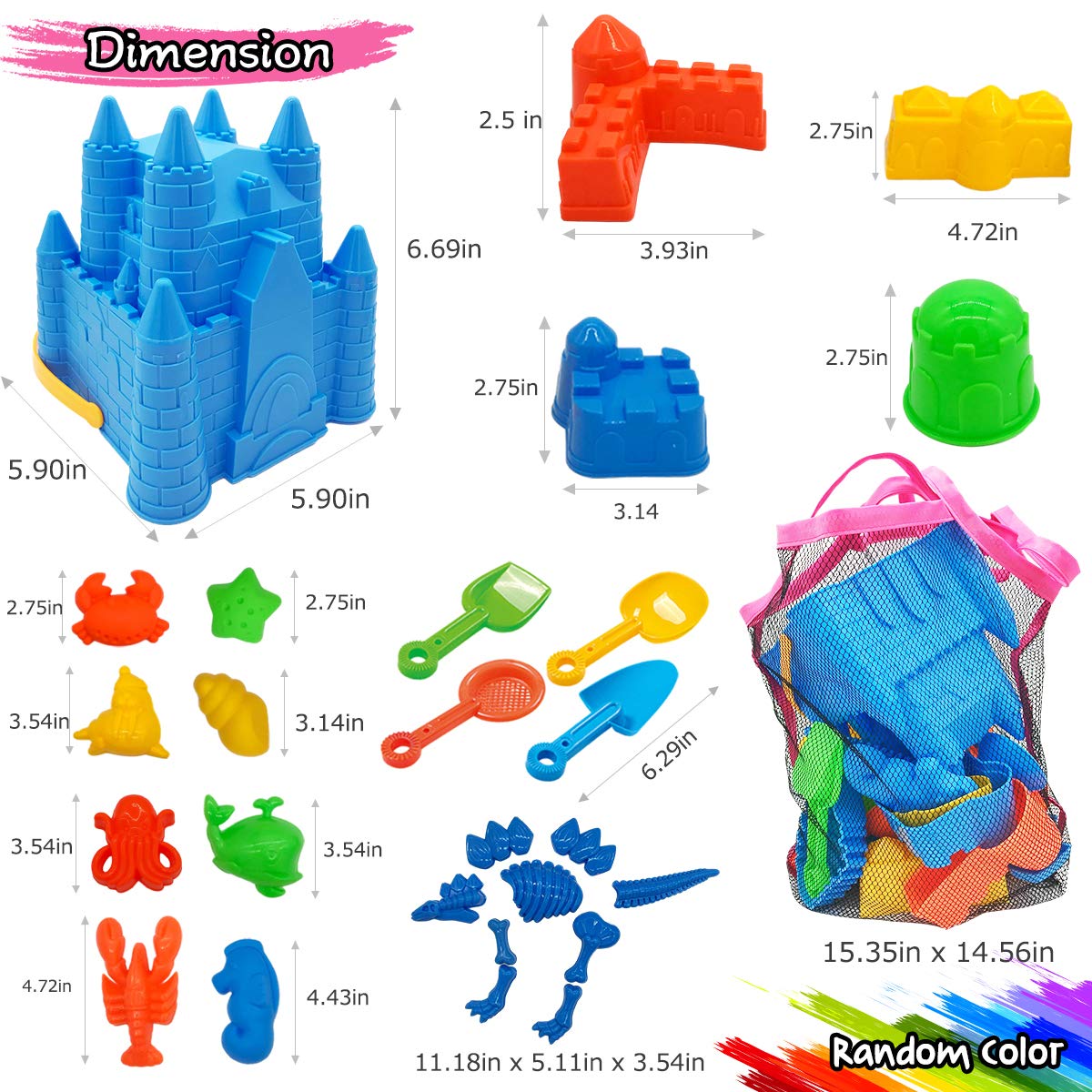 SupMLC Beach Toys, 27 Pcs Sandbox Toys for Kids, Sand Castle Building Kit, Sand Buckets, Collapsible Mesh Bag, Shovels, Dinosaur Molds – Travel Sand Toys for Boys Girls Age 3-10 Beach Accessories