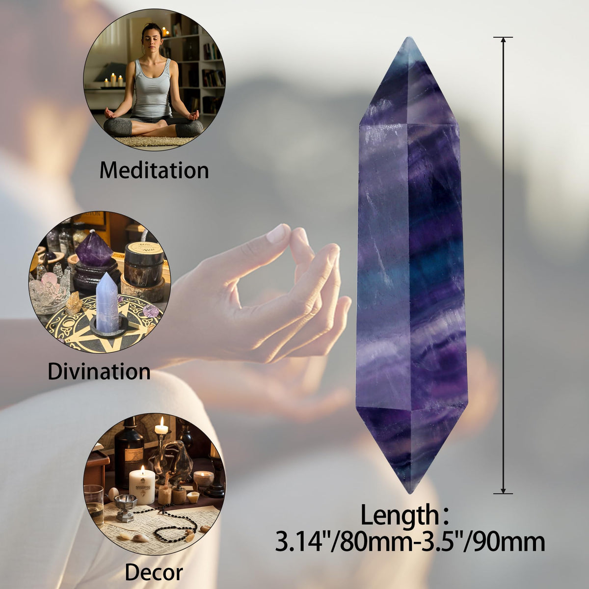 YATOJUZI 3.5" Rainbow Fluorite Healing Crystals Wand Natural Crystals and Healing Stones Large Hexagonal Fluorite Crystal Points for Meditation Divination Reiki Energy Balancing 1PCS