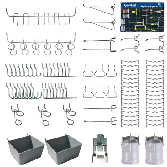 Qokylind Pegboard Accessories Organizer Kit, 90PCS Hooks Assortment with Bins and Jars, Heavy Duty Tool Hangers for Garage Storage, Workshop Wall Organization
