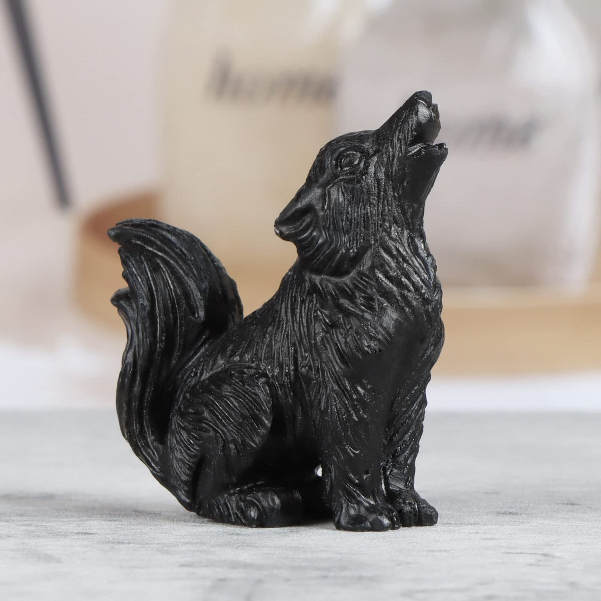 LEADGEM 2.0" Black Obsidian Big Tail Wolf Figurine Healing Crystal Stone Statue Carved Sculpture Paperweight Ornaments Fengshui Home Office Decor Gifts