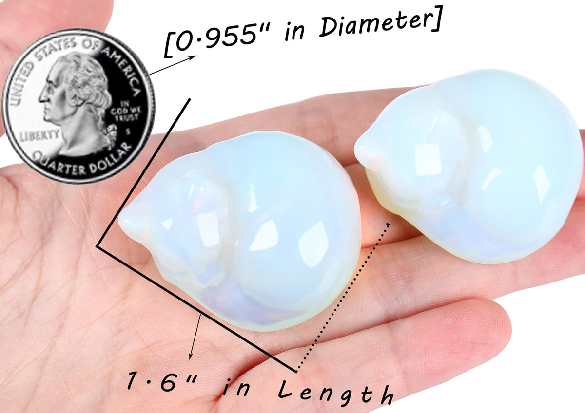 QINJIEJIE Opalite Cat Crystals Decor Sleeping Cat Statue Healing Carved Stone Decor Polished White Opalite Gemstones Figurine Office Room Home Desk Lucky Cute Decor Opal Gifts for Women Men Cats Lover