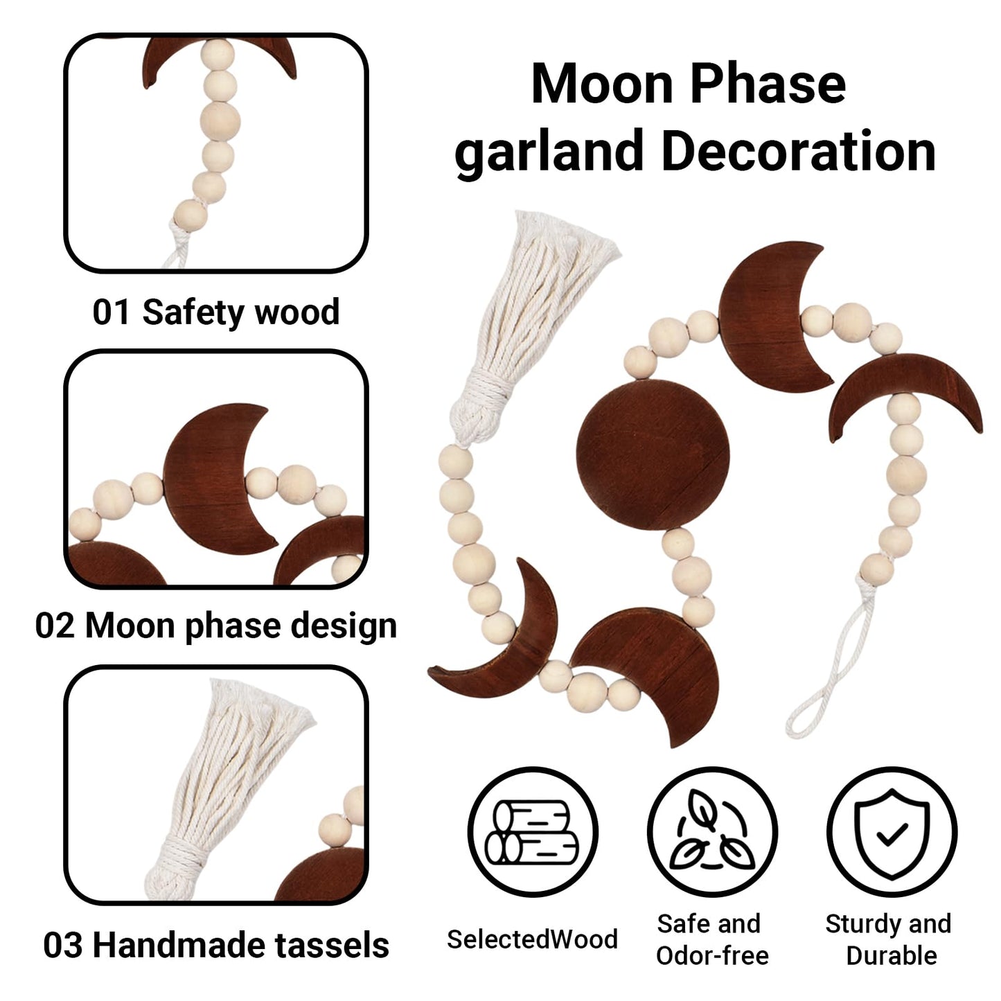 Boho Moon Phase Wall Hanging, Cotton Rope Beaded with Tassel, Wooden Boho Wall Decor, Phases of The Moon Wall Art for Living Room, Bedroom, Office, and Home Decor(Brown)