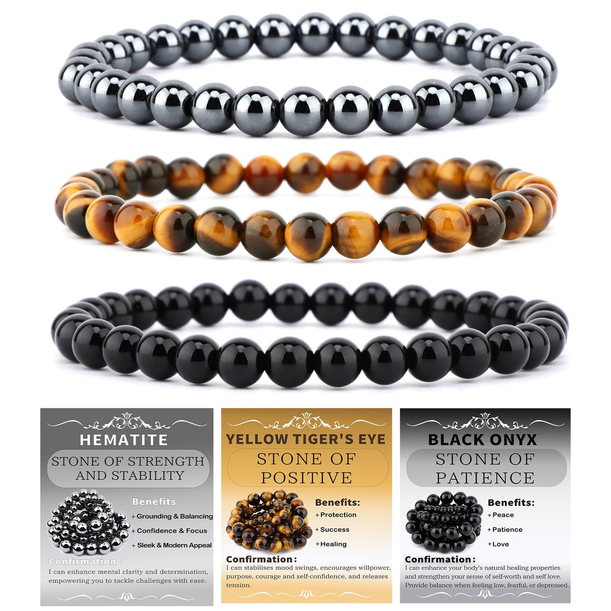NCB 3-Piece 6mm Natural Crystal Gemstone Stretch Bracelets – ﻿Black Onyx, Hematite, Yellow Tiger's Eye Handmade Reiki Energy Healing Jewelry for Meditation,Yoga, Unisex