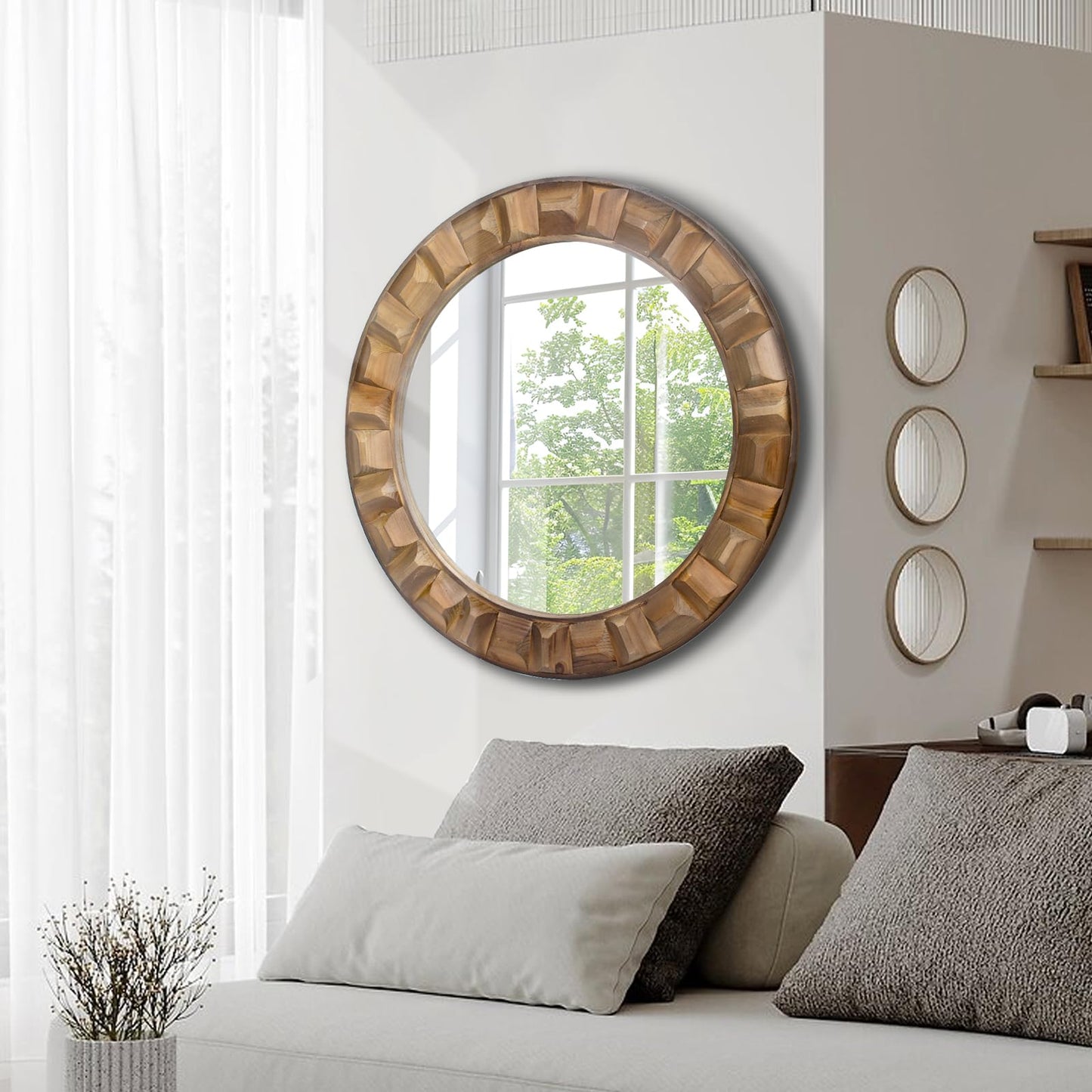 XGGJWW 30 Inch Dark Solid Wood Round Wall Mirror, Brown Wooden Decorative Circle Mirror for Bathroom, Bedroom, Living Room, Entryway, Hallway, or Foyer