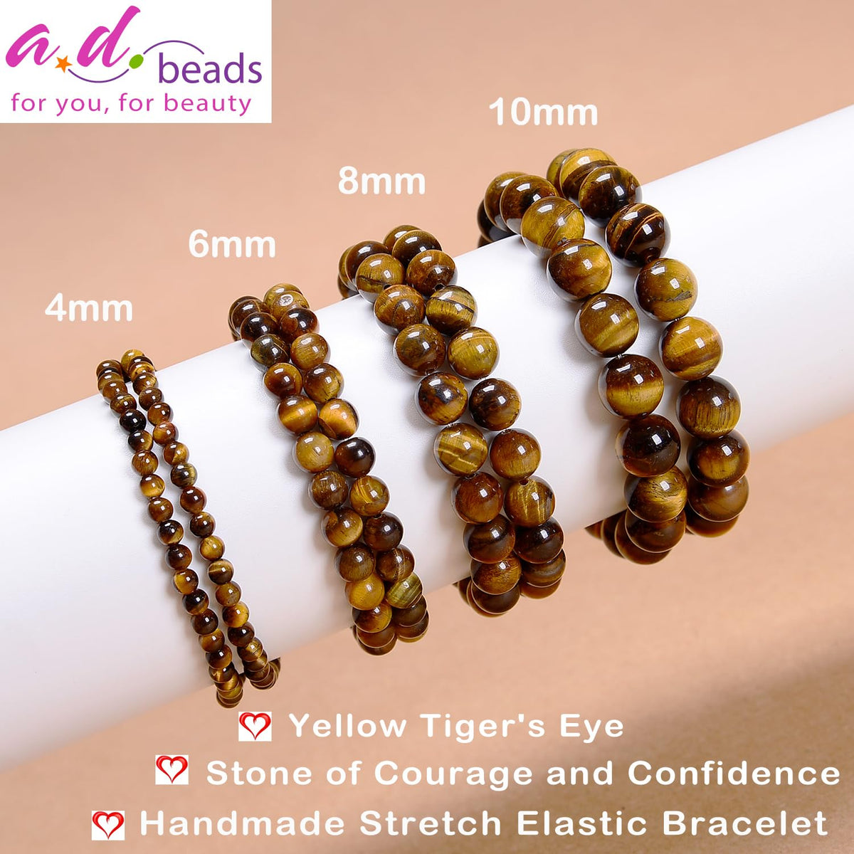 AD Beads Handmade Gemstone Stretch Elastic Bracelet Crystal Healing Reiki Nature's Beauty and Spiritual Essence Unisex (4mm, Yellow Tiger's Eye)