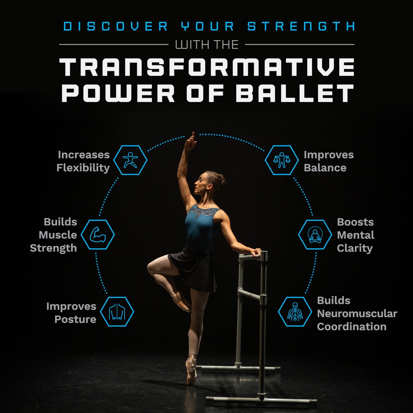 VITA Barre Portable Freestanding Double Ballet Barre, Prodigy, 6 Ft Bars, Teal | Adjustable Height, USA Made, Home or Gym Exercise Equipment for Kids & Adults | Dance, Fitness, Pilates