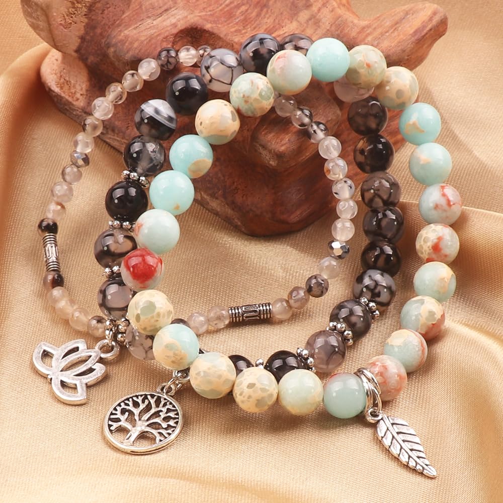 UEUC Tree of Life Yoga Healing Stone Bracelets,Multilayer Lotus Chakra Stone Reiki Bracelet Sets,Anxiety Crystal Natural Stone,for Women Stress Relief(#157)