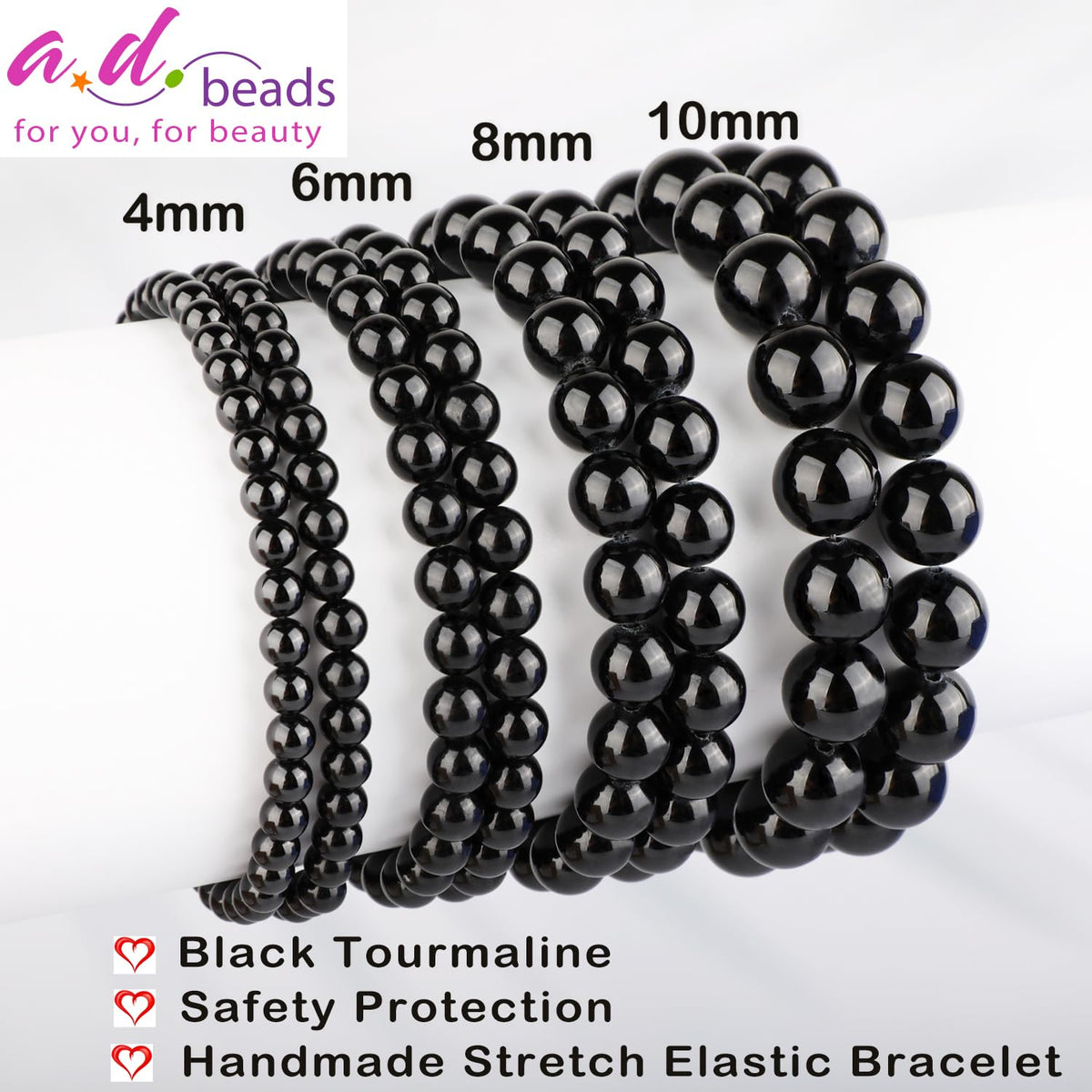 AD Beads 10mm Handmade Black Tourmaline Elastic Bracelet – Natural Gemstone for Safety Protection – Meditation, Yoga, Healing and Energy Gift for Men Women