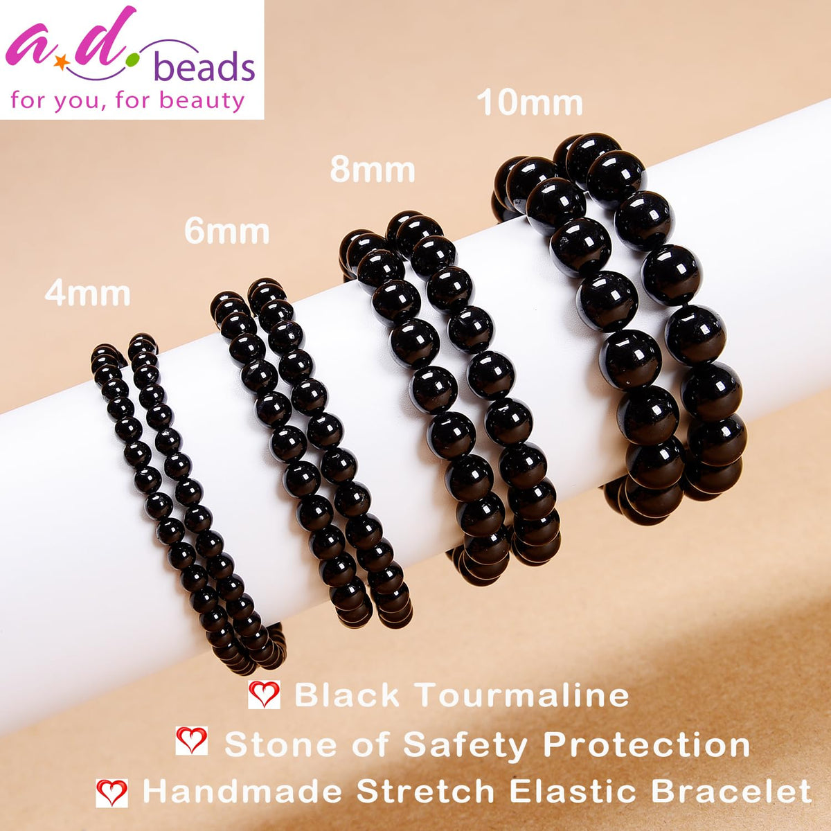 AD Beads Handmade Gemstone Stretch Elastic Bracelet Crystal Healing Reiki Nature's Beauty and Spiritual Essence Unisex (4mm, Black Tourmaline (Best Protection))
