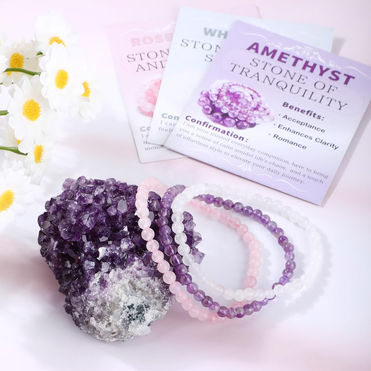 NCB 3-Piece 4mm Natural Crystal Gemstone Stretch Bracelets – ﻿Amethyst, Pink Quartz, White Jade Handmade Reiki Energy Healing Jewelry for Meditation,Yoga, Unisex