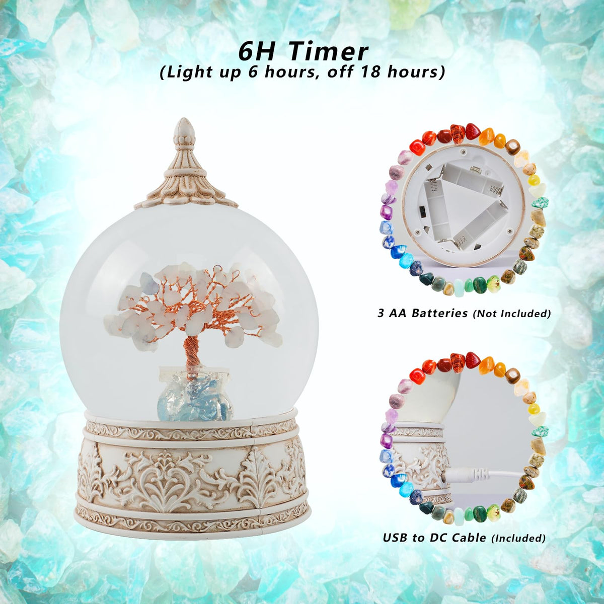 Aquamarine Healing Crystal Tree Globe with Colorful Lights and Sparkling Glitter, Natural Gemstone Base, Spiritual Meditation, Positive Energy Good Luck, Home Decor, Birthday Gifts (Aquamarine)