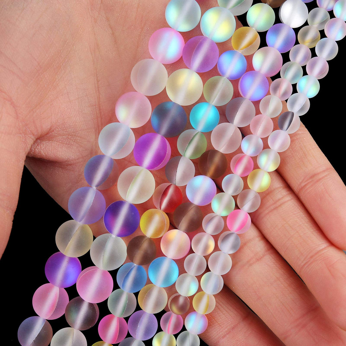 Matte Mixed Color Aurora Crystal Glass Beads, 6MM Frosted Glitter Shining Mermaid Round Loose Beads, Rainbow Holographic Synthetic Moonstone for Jewelry Making DIY Bracelet