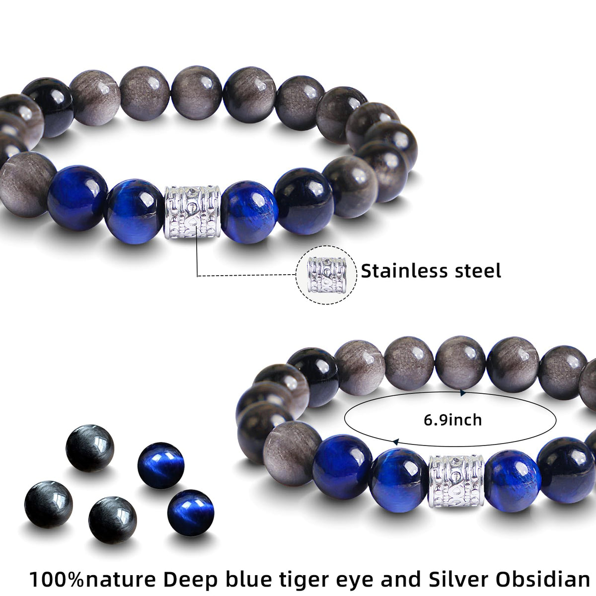 Tiger Eye Obsidian Beaded Bracelets For Men Gemstone Bracelets For Men &Women Fashion Natural Stone Men‘s Jewelry (black silver& blue)