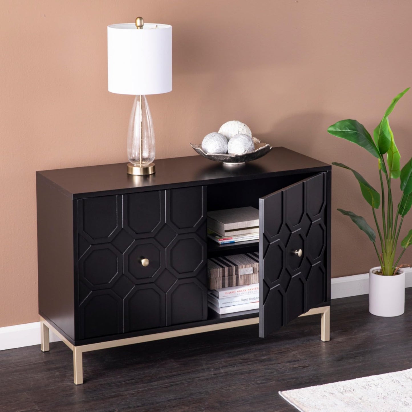 Hassyee Modern Design Two Carved Door Accent Cabinet with Metal Base, Space Saving Floor Display Cabinet for Stemware, Board Games, or Movie Collection