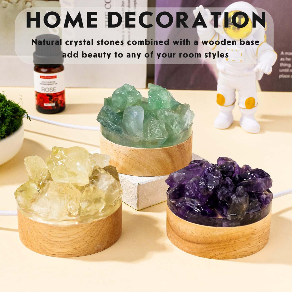 Runyangshi Fluorite Night Light with Natural Raw Green Crystal - USB Powered Focus Lamp for Study, Office, Meditation, Healing Crystal Decor with Wood Base, Clarity & Learning Aid