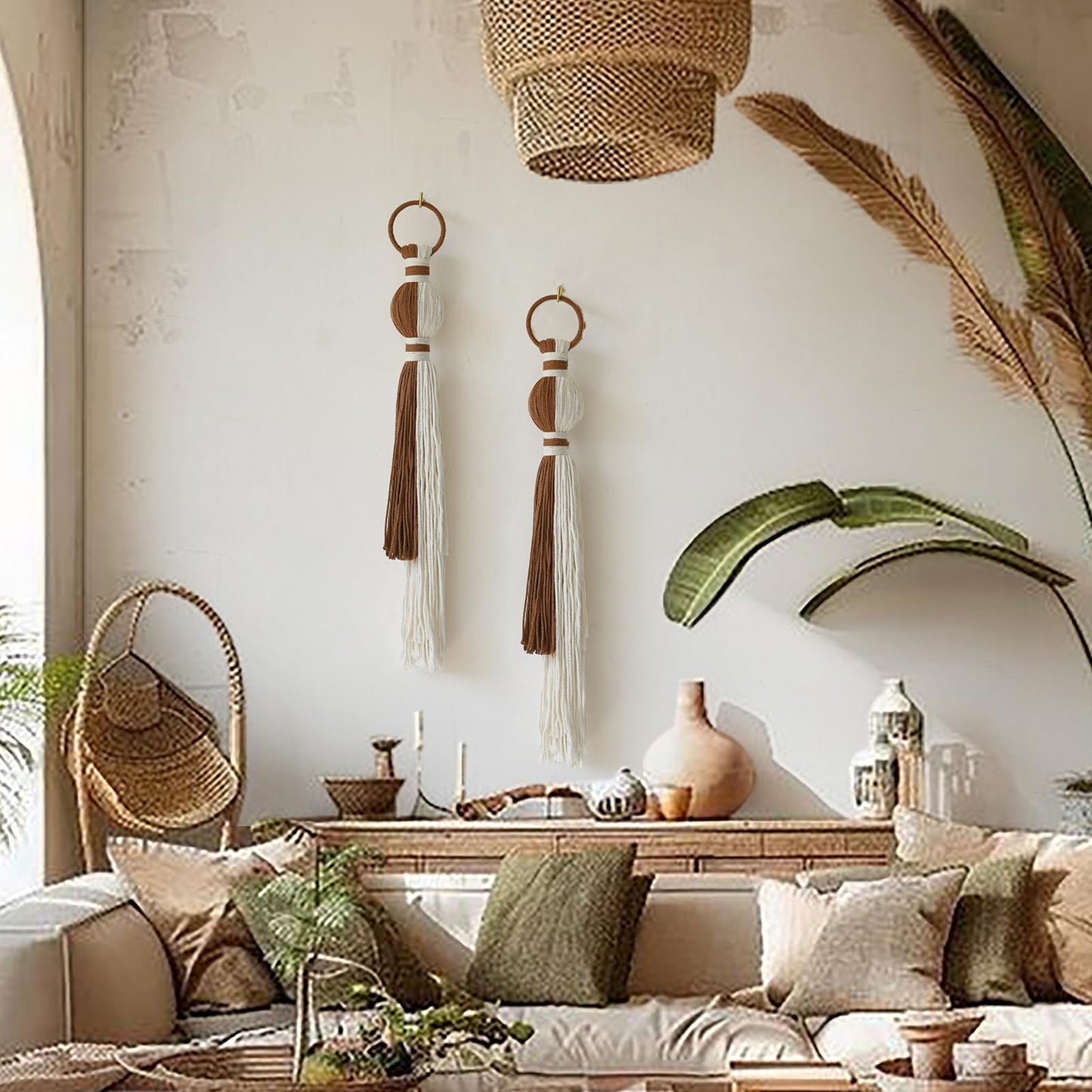 IOWER 2Pcs Macrame Wall Hanging Boho Home Decor Fiber Art with Sphere Knots Tassels Handmade Yarn Art for Bedroom Living Room Office Entryway