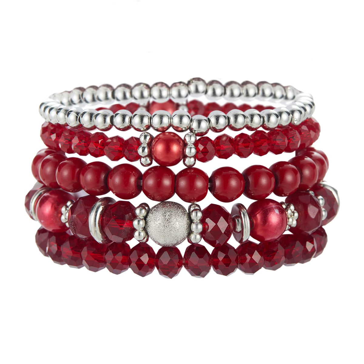 Noessla Beaded Pearl Stretch Bracelet Silver Stackable Crystal Beads Bracelets Trendy Costume Jewelry Mothers Day Gifts for Women(Red)
