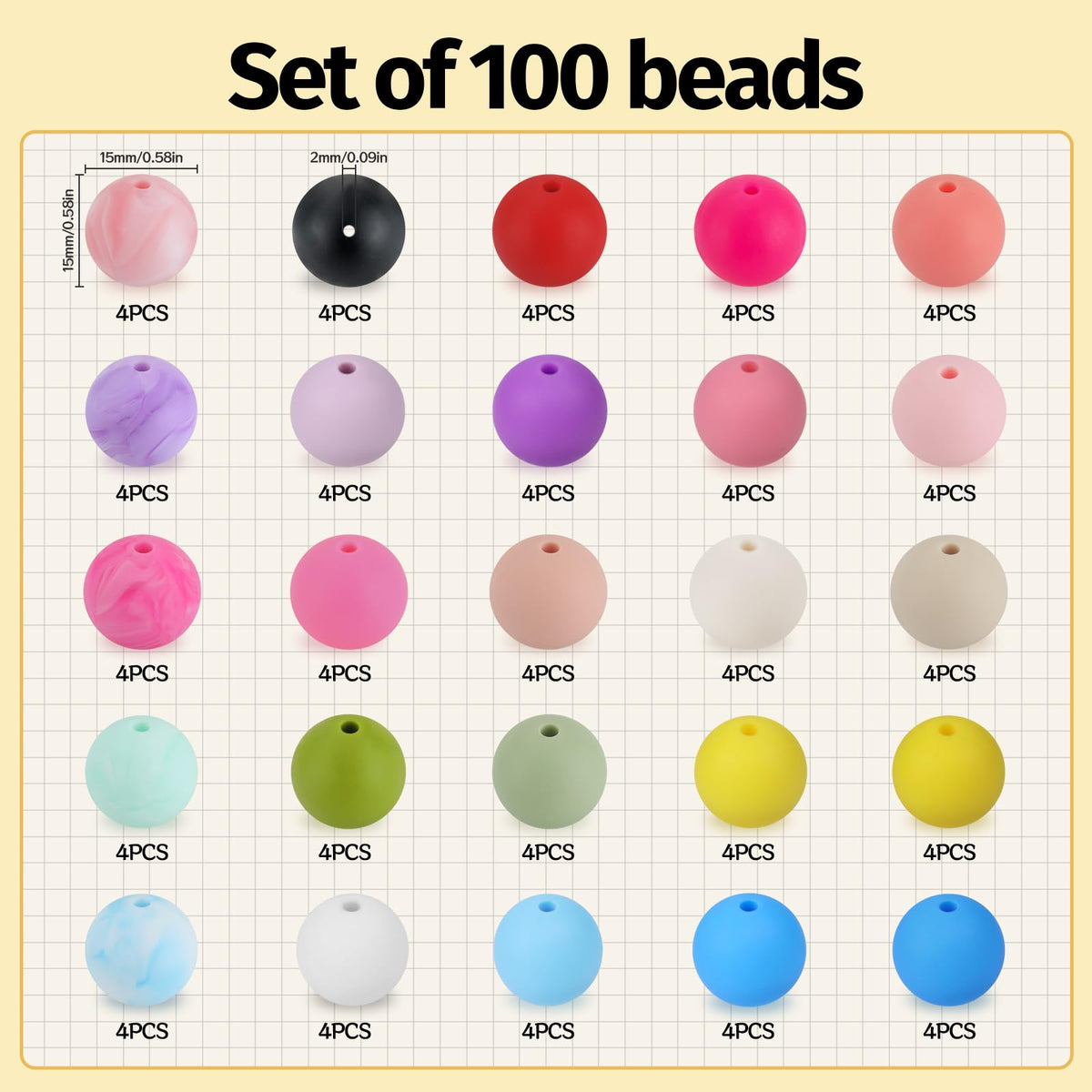 SALUOKE 100 Pcs 15mm Silicone Beads for Keychain Making, Pink Gream Silicone Beads Bulk Round for Bracelets Pens Crafts Jewelry Making (Colorful)