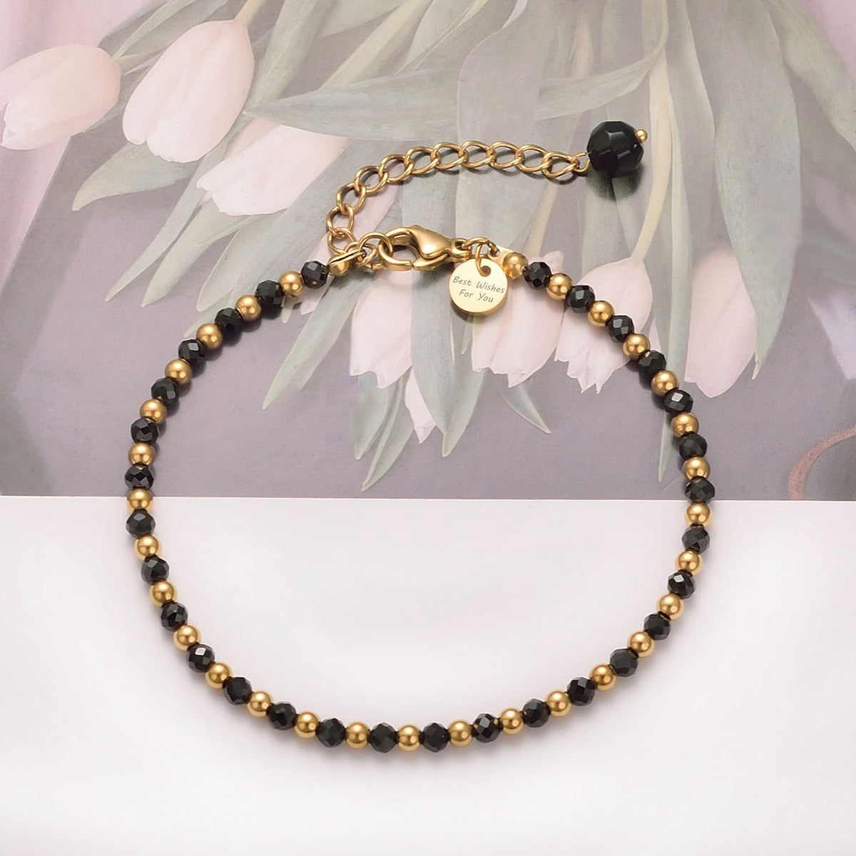vissen Black and Gold Bracelet Beaded Black Natural Stone Bracelet for Women Black Crystal Gold Plated Bracelets Adjustable Jewellery