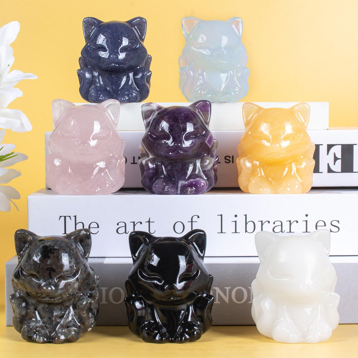 QLRSUXN Yellow Jade Nine Tailed Fox Decor,2 Inch Healing Crystals Fox Statue,Lucky Guardian Pocket Fox Figurines as Women’s Gifts,Fox Figurine for Office Home Decor and Ornament.
