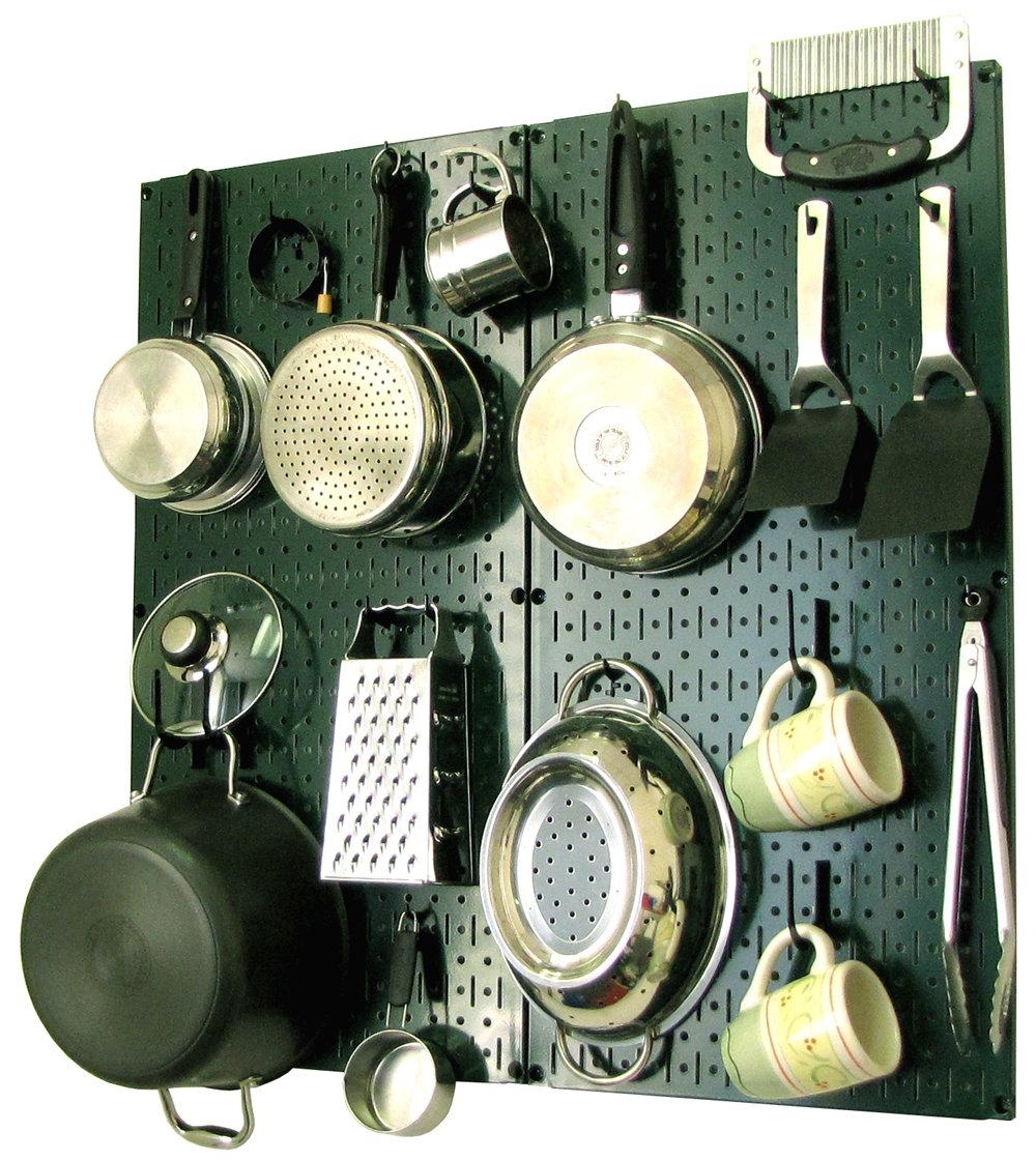 Wall Control Kitchen Pegboard Organizer Pots and Pans Storage Rack Organization Kit with Green Pegboard and Black Accessories