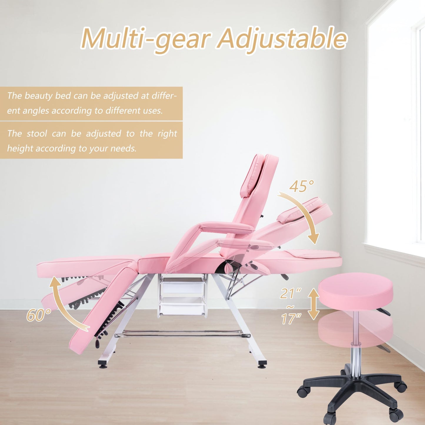 Dekitormi Massage Salon Tattoo Chair with Two Trays, 3-Section Facial Bed Table with Hydraulic Stool, Pink Adjustable Beauty Barber Spa Chair, Esthetician Bed for Massage, Facial, Waxing