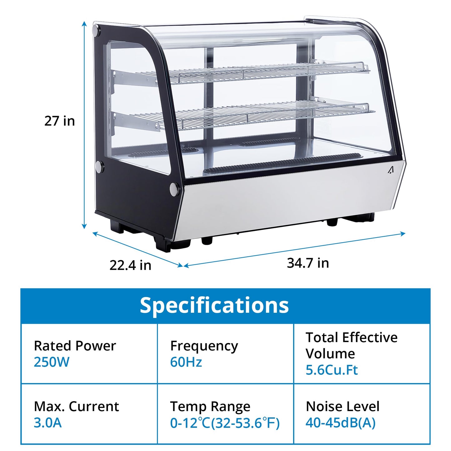 5.6 Cu.ft Refrigerated Display Case, Countertop Refrigerated Display Case, Commercial Cake Display Refrigerator with Curved Glass, LED Light, Adjustable Shelves, 0-12℃ for Bakery, Cafe, Dessert Shop