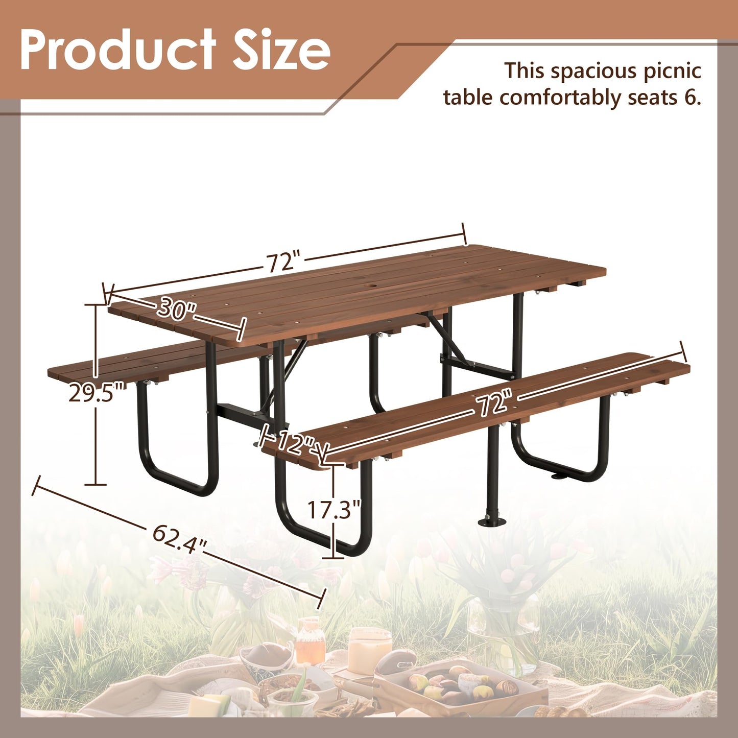 VroomAuto Outdoor Picnic Table for 6 with Benches, 72 Inch Rectangular Waterproof Wooden Dining Set, Heavy Duty for Garden Backyard Patio BBQ
