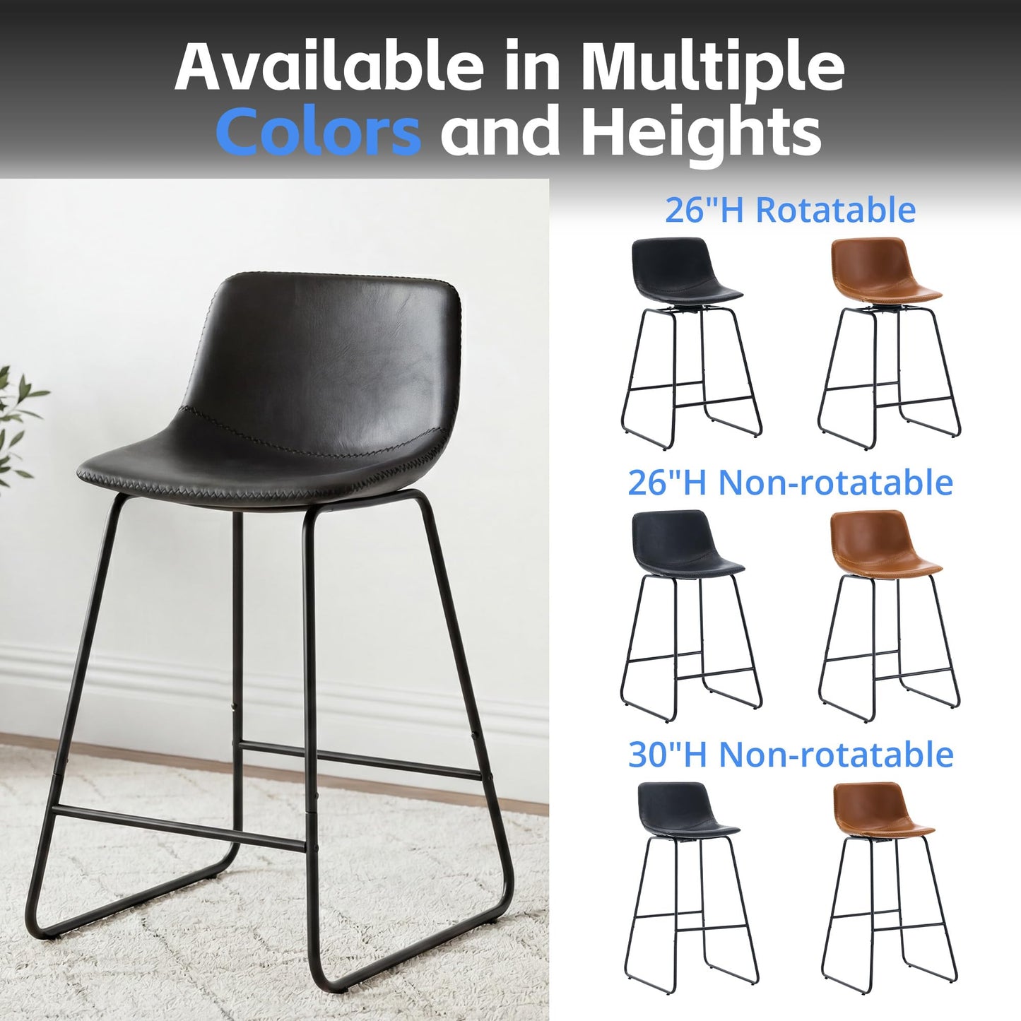 Mistpople Swivel Counter Bar Stools - 26 Inch Counter Height Barstools Set of 6 with Back and Footrest, Modern Faux Leather Armless Bar Chairs with Metal Legs for Kitchen Island, Dining (Brown)