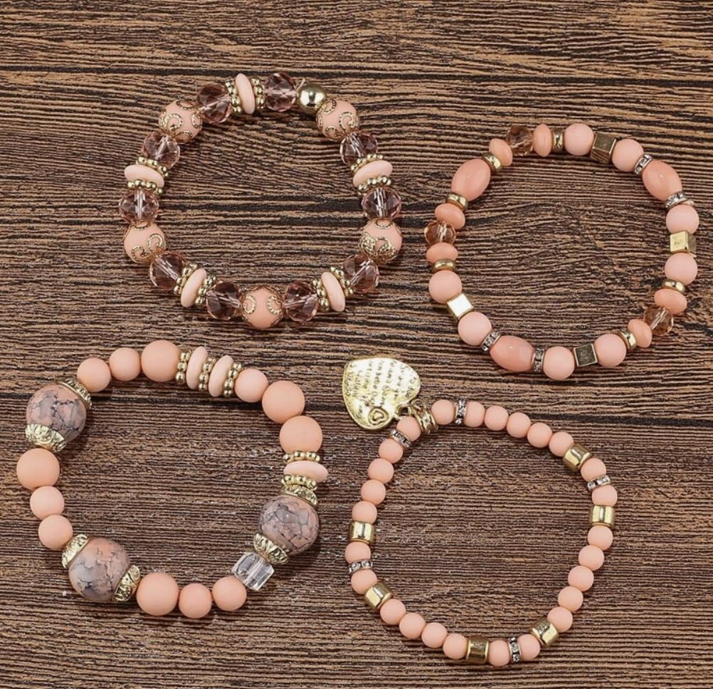 Women Beaded Bracelets, Multi-layer Peach Color Beaded Bracelet with gold charm Heart Bangles Set Gemstone Woven Female Jewelry Bracelet, Ideal for Festivals, Summer Parties, Beachwear, and Casual Outfits