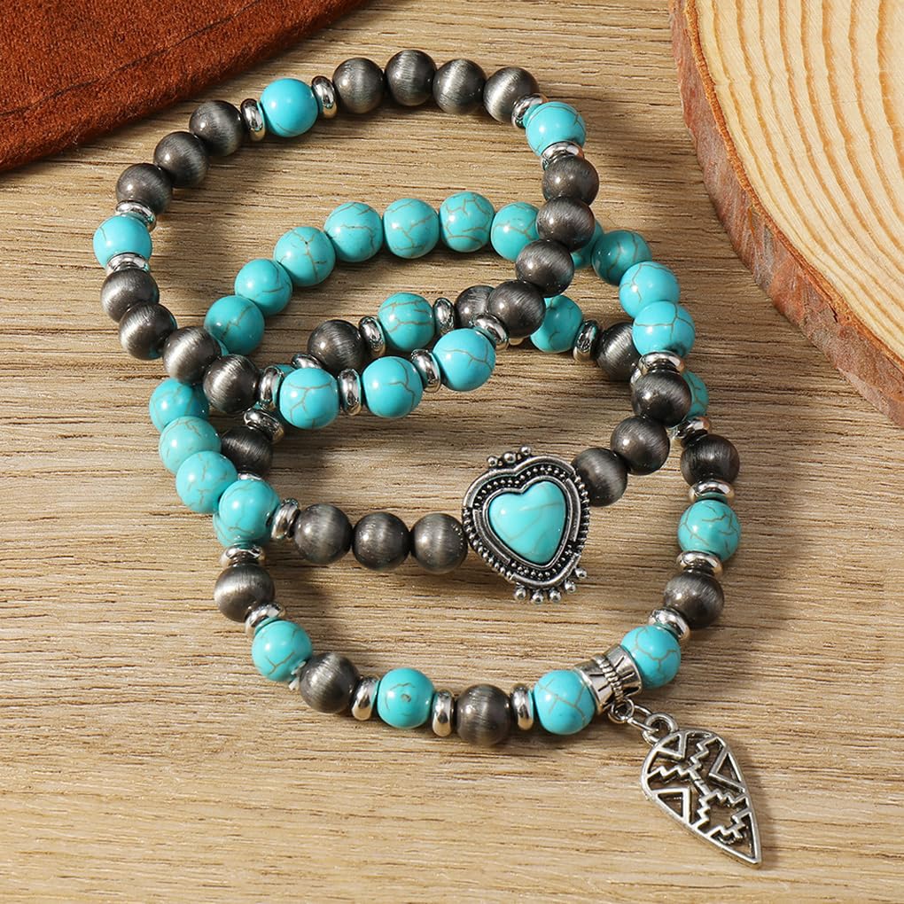 GIGB PBDK Western Cowgirl Turquoise Bracelets for Women Turquoise Beaded Stackable Bracelets Bohemian Heart Feather Bracelet Country Concert Jewelry Accessories (Teal1)