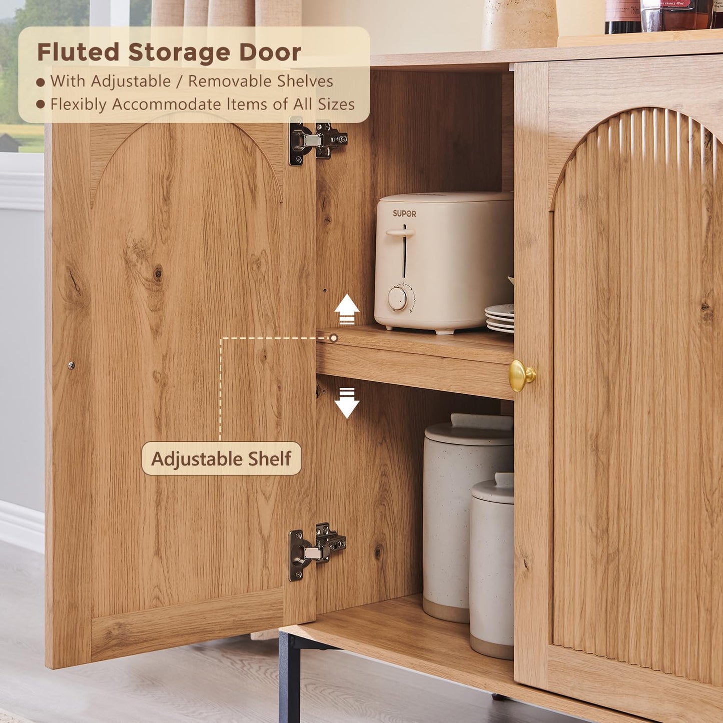 IFGET Modern Buffet Cabinet with Storage, 92.63" W Fluted Arched Sideboard Cabinet w/Adjustable Shelves, Wooden Modular Coffee Bar for Dining Room, Kitchen, Living Room, Entryway, Natural