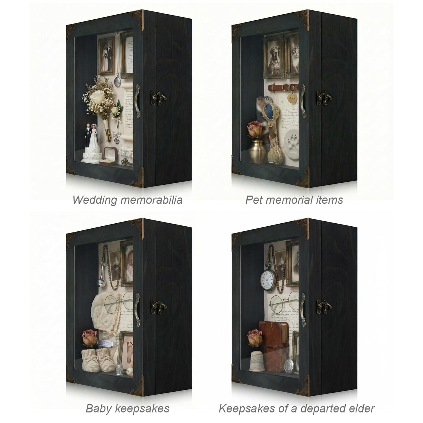 KAASTHAA Shadow Box Frame 11x13, Depth 5in Shadow Boxes Display Cases, Acrylic Door, Rustic Burnt Wood, Vintage Metal Accents, Hinged Door, Metal Handle and Latch, Linen Back