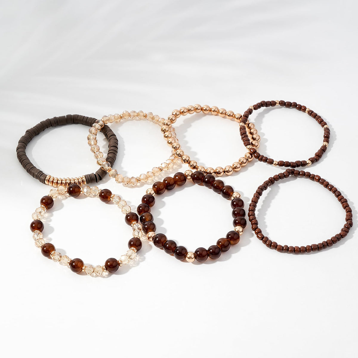 GOOJIDS Brown Surfer Heishi Clay Bead Bracelets for Women Bohemian Stackable Gold Plated Beaded Stretch Bracelets Elastic Layering Friendship Bracelets Set Boho Jewelry