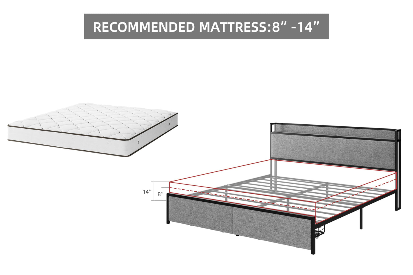Garvee King Size Bed Frame with 2 Storage Drawers and USB Ports, Upholstered Platform Bed with Headboard, Sturdy & Noise Free, Under Bed Storage, No Box Spring Needed, Gray