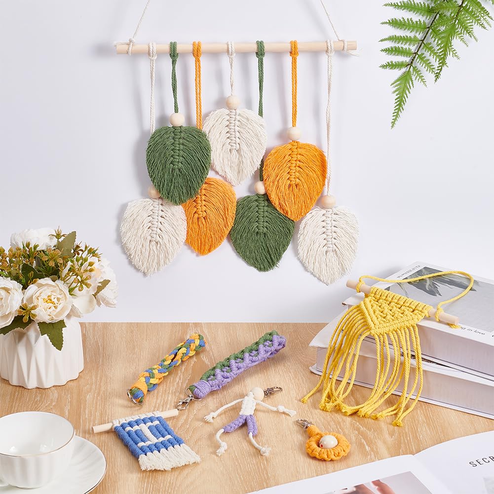 INFUNLY 9 Sets DIY Macrame Kit for Adults Beginners Boho Macrame Wristlet Keychain Kit Macrame Leaves Wall Hanging Ornament Kit with Instruction for Beginners Car Key Charm Women Gift Phone Bedroom