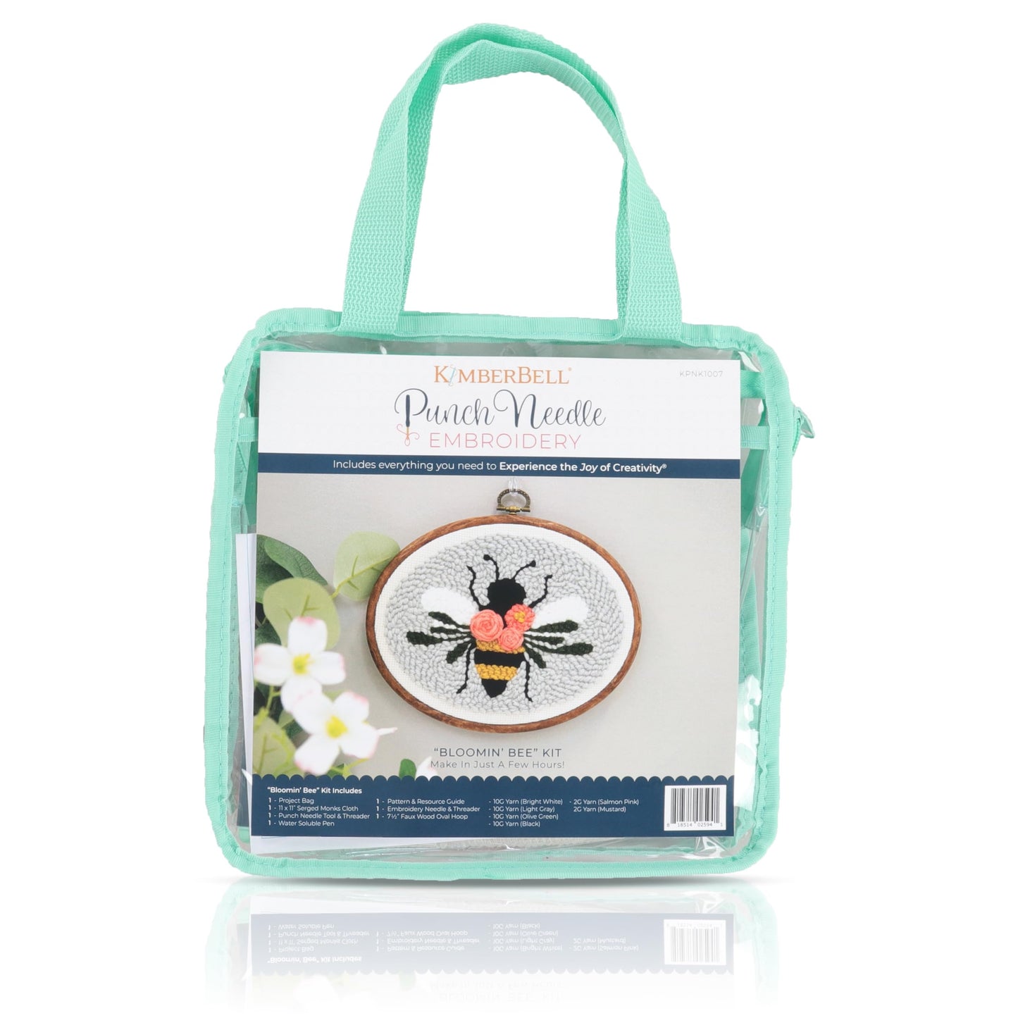 Kimberbell Punch Needle Set – Bloomin’ Bee - Complete DIY Embroidery Kit with Tool, Monks Cloth, Frame, Yarn & Dimensional Flowers – Adorable Bee Punch Needle Craft with Reusable Project Bag
