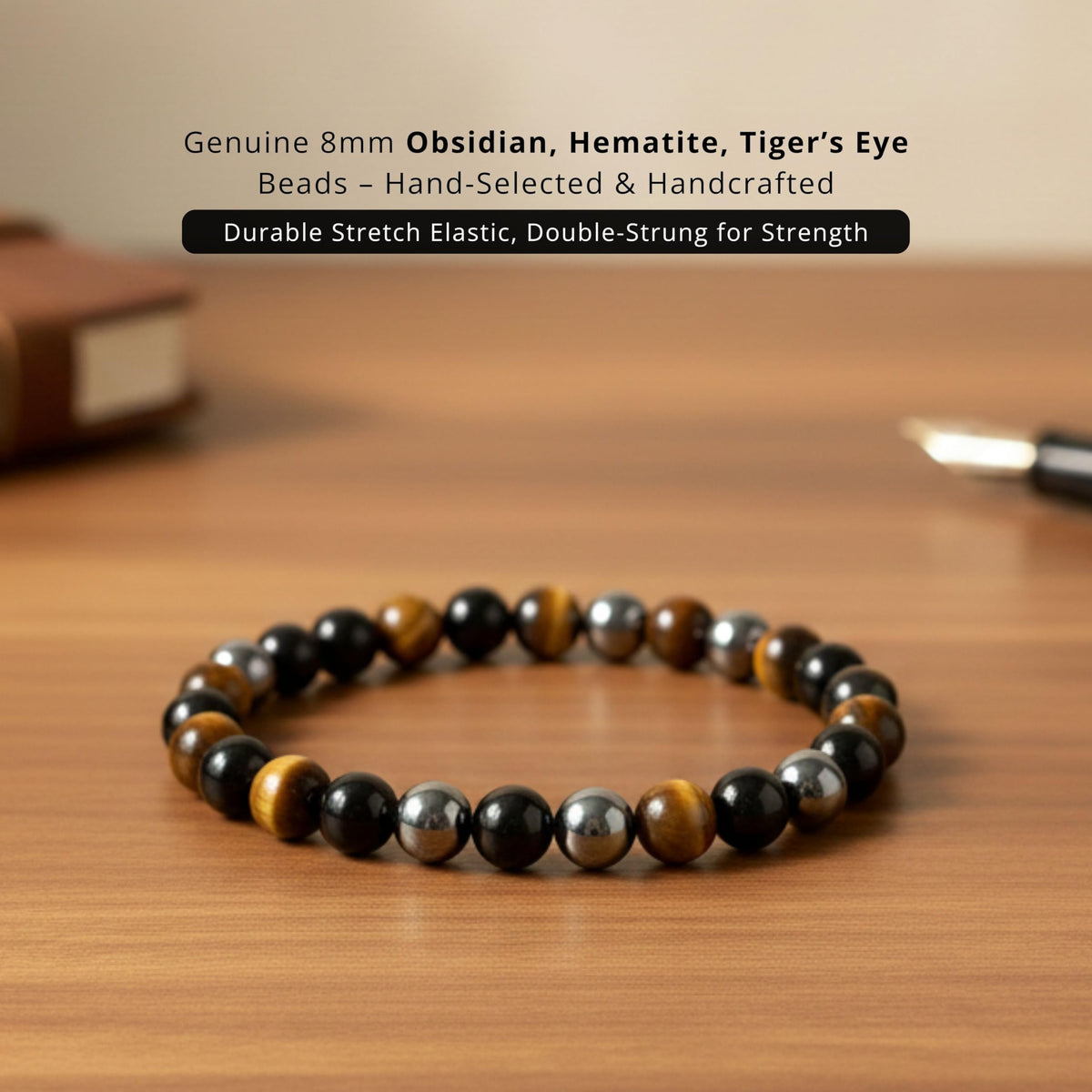 Cherry Tree Collection Triple Protection Beaded Bracelet – Genuine 8mm Gemstone Stretch Bracelet for Men & Women – Handmade Crystal Bracelet - (Triple Protection - M)
