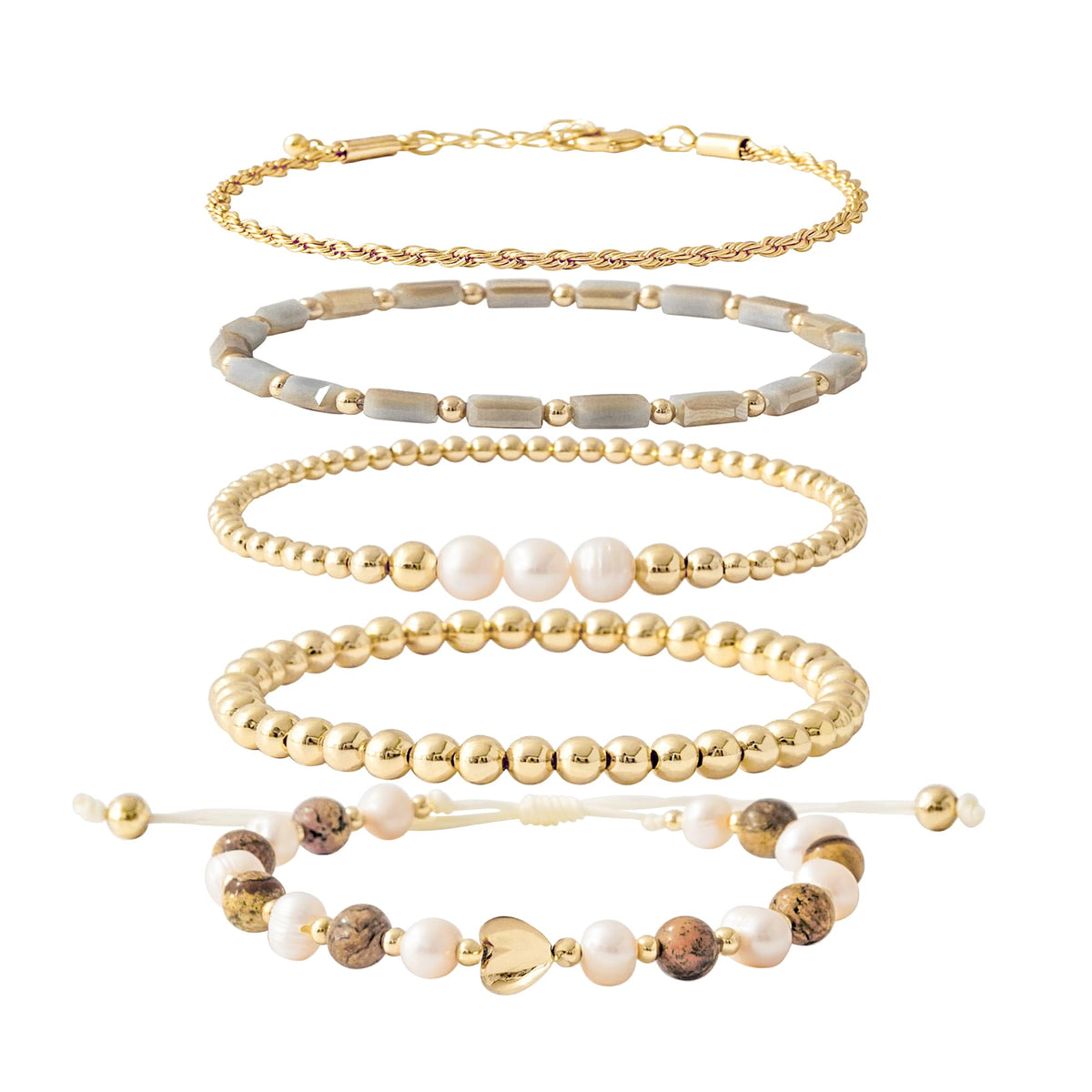 GOOJIDS Tiny Pearl Gold Plated Heart Beaded Bracelets For Women Dainty Gold Plated Pearls Stack Layered Beads Bracelet set for MAMA Birthday Mother's Day