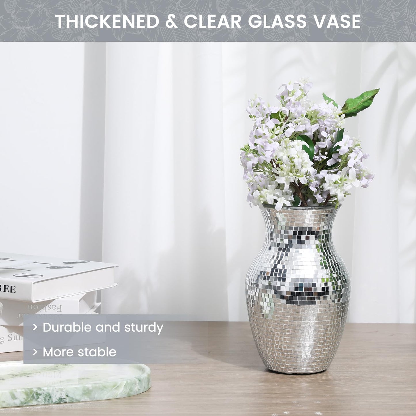 Adedeo Mosaic Glass Flower Vase for Home Decor, Handmade Glass Mosaic Vases for Living Room, Kitchen, Wedding, Office (Silver Mirror, 5 * 8 Inch)