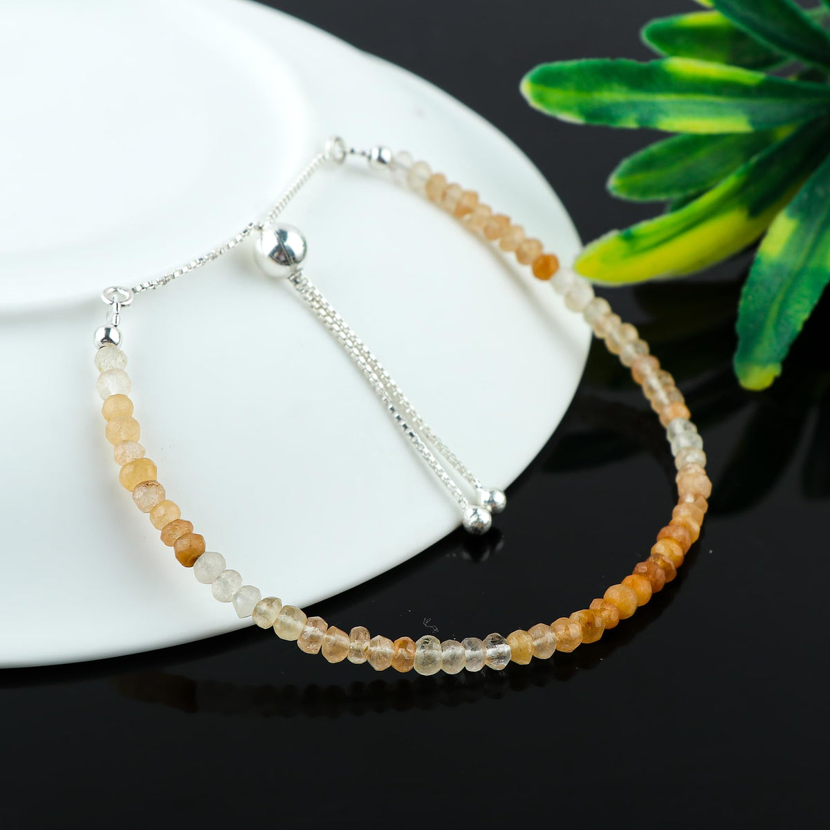 CRYSTALINES Natural Shaded Moonstone Gemstone Bolo Bracelet, Handmade Bohemian Jewelry, Faceted Beads Stone, June Birthstone, Healing Crystals, Silver Plated, Christmas Gift for Women, 10Inch