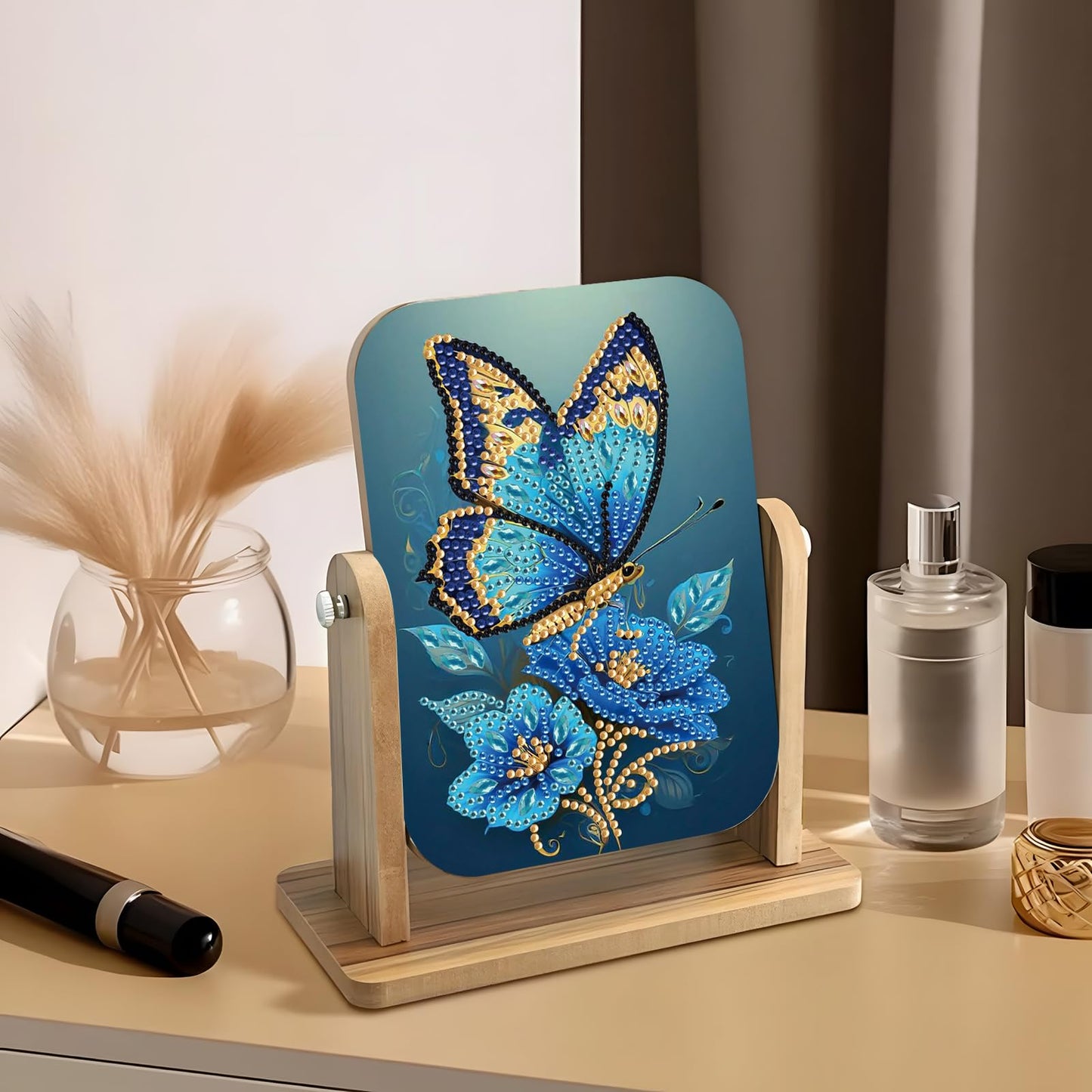 Diamond art Painting Flip Mirror，DIY Butterfly and flowers Rotatable Mirror , 5D Special Shape Diamond Wooden Material Desktop Decor Vanity Mirror Kit, Unique decoration of the desktop in the room