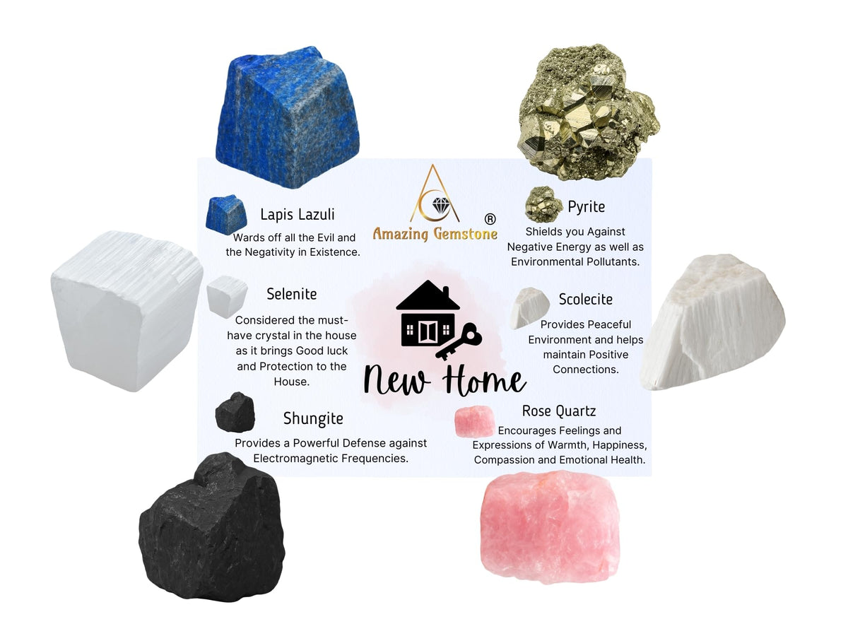 Amazing Gemstone Crystals for New Home Manifestation, Set of 6 Lapis Lazuli, Selenite, Shungite, Pyrite, Scolecite and Rose Quartz Healing Crystals and Stones