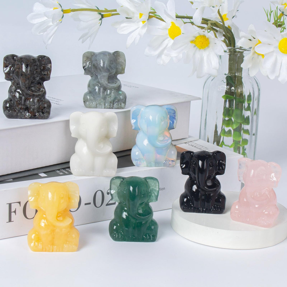 Ytbeoxk 2 Inch Crystal Elephant Decor Statues, White Opalite Cute Sitting Elephant Figurines, Reiki Healing Crystal Carved Animal Statues, Home Office Desk Hand Carved Decor Gifts for Women