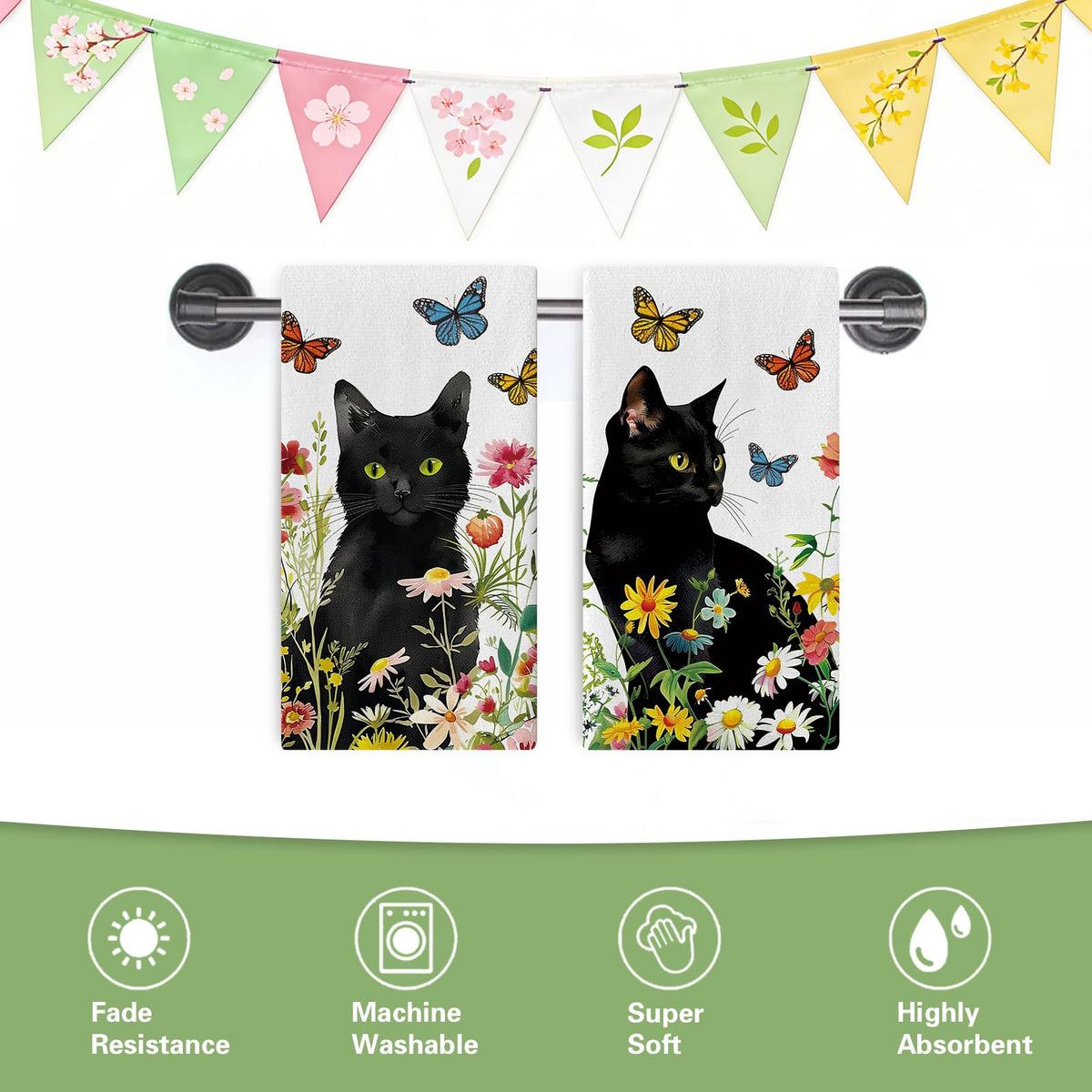 Croar Spring Summer Black Cat Floral Kitchen Dish Towels Set of 2, Daisy Flower Butterfly Drying Hand Towel Baking Cooking Cloth, Wildflower Bathroom Home Decoration Pet Cat Owner Lover Gift 18''x26''