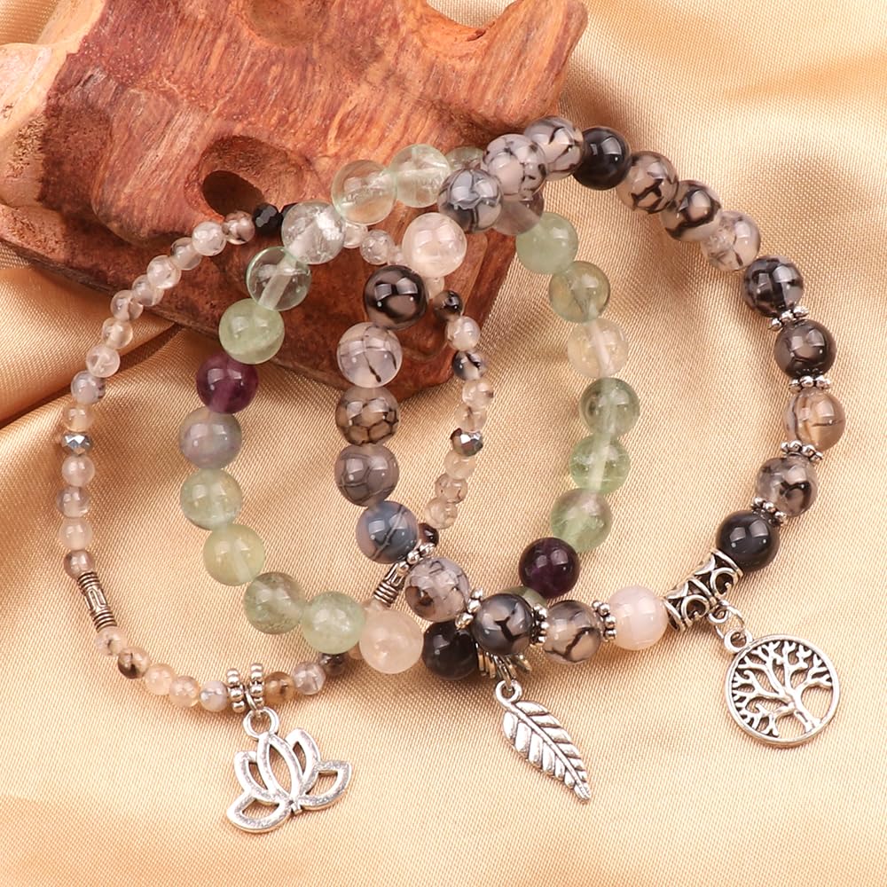 UEUC Tree of Life Yoga Healing Stone Bracelets,Multilayer Lotus Chakra Stone Reiki Bracelet Sets,Anxiety Crystal Natural Stone,for Women Stress Relief(#153)