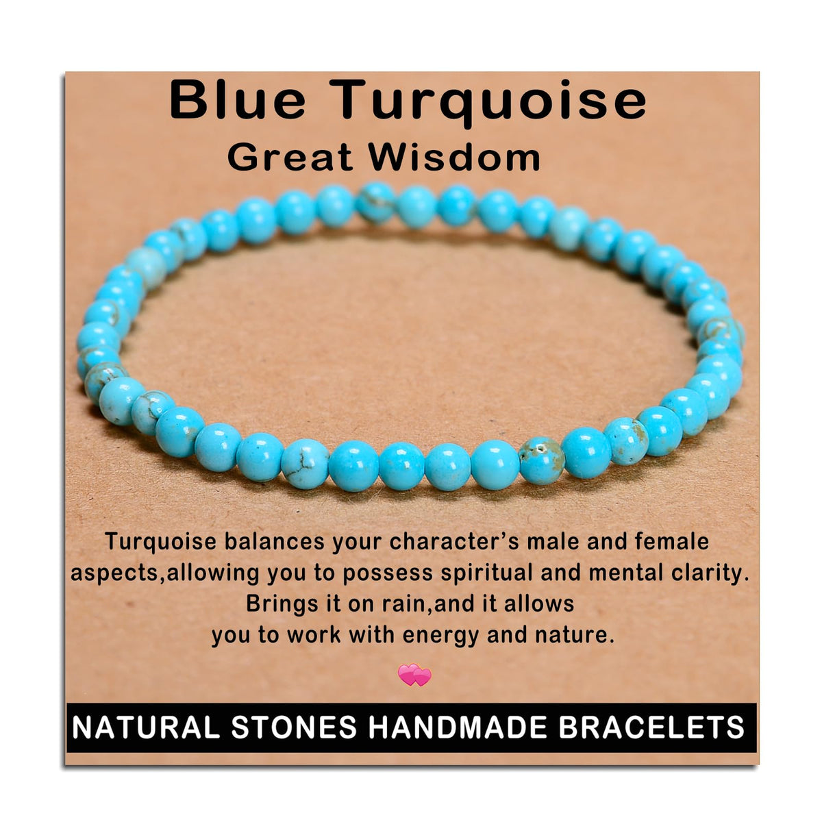 AD Beads Handmade Gemstone Stretch Elastic Bracelet Crystal Healing Reiki Nature's Beauty and Spiritual Essence Unisex (4mm, Blue Turquoise (Great Wisdom))